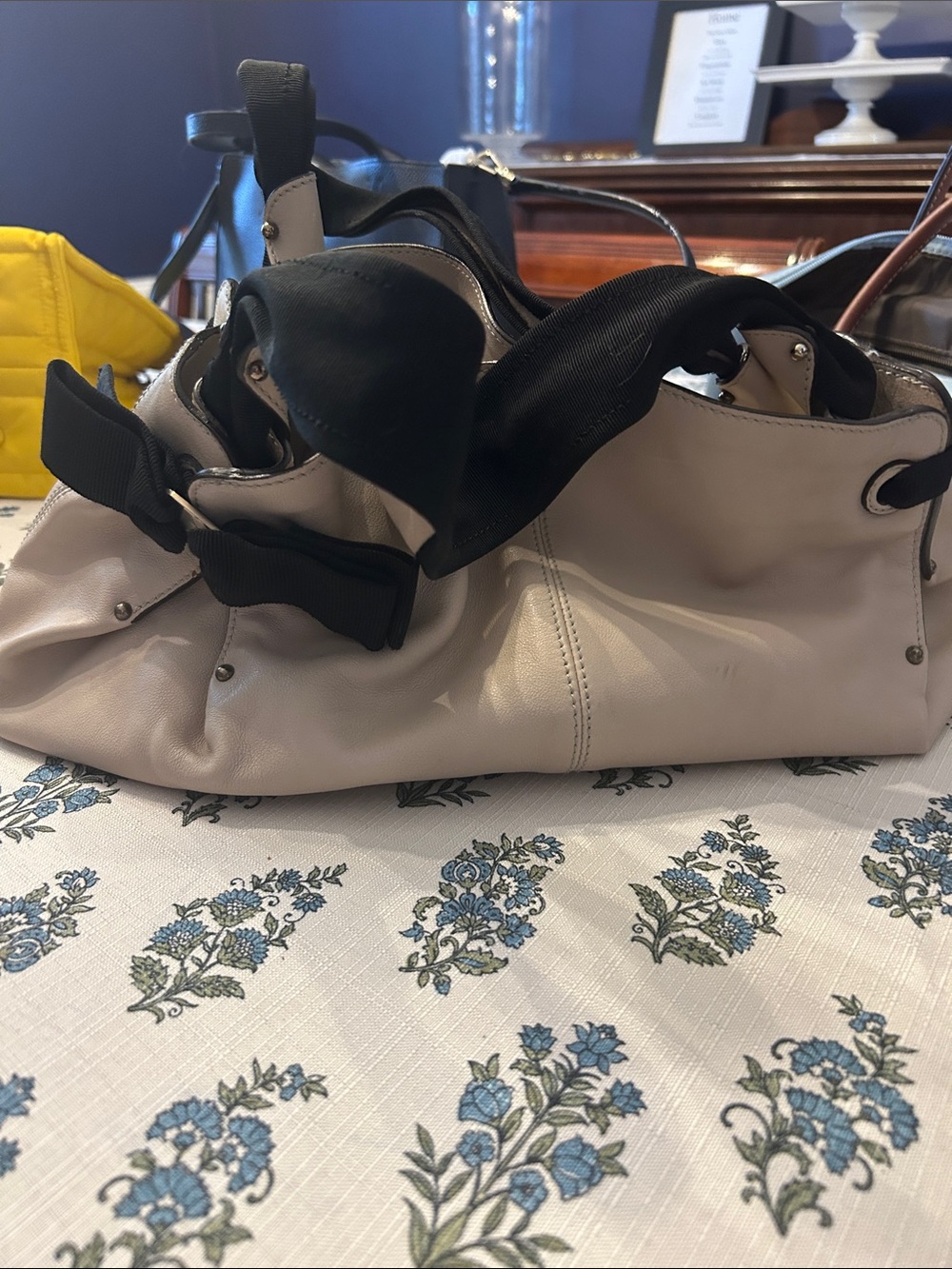 Salvatore Ferragamo Black-Trim Beige Leather Shoulder Bag